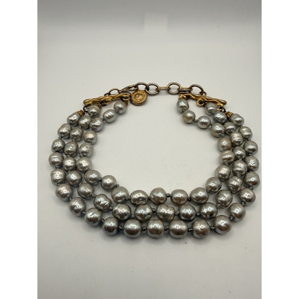 Carlisle Faux Pearl Necklace Gold Tone Statement Runway Triple Strand Choker 15"